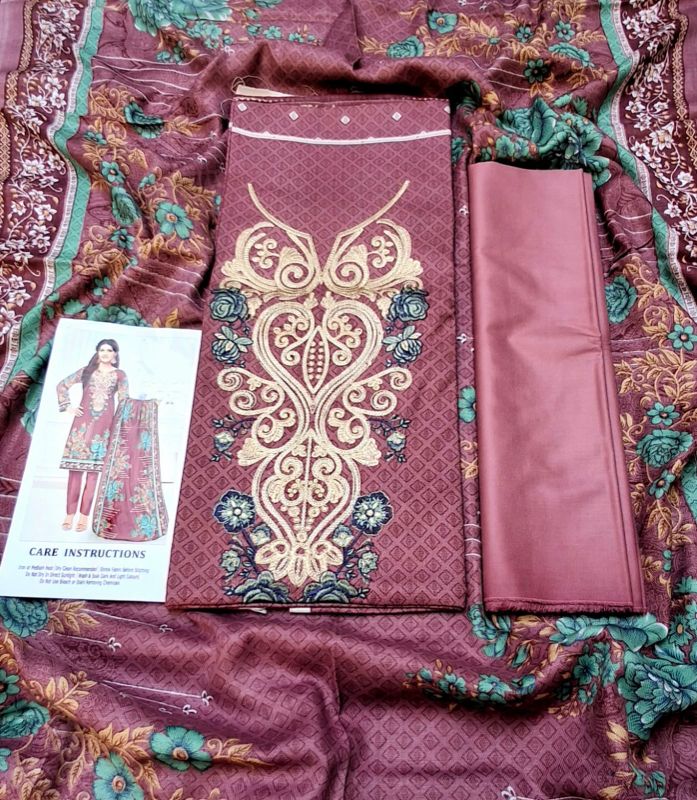 Dhanak Embroidered Winter Collection / 3 Piece Suit - Dark Onion