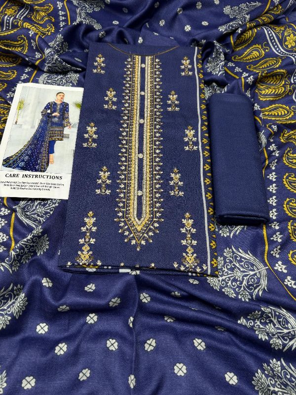 Dhanak Embroidered Winter Collection / 3 Piece Suit - Dark Blue / Golden