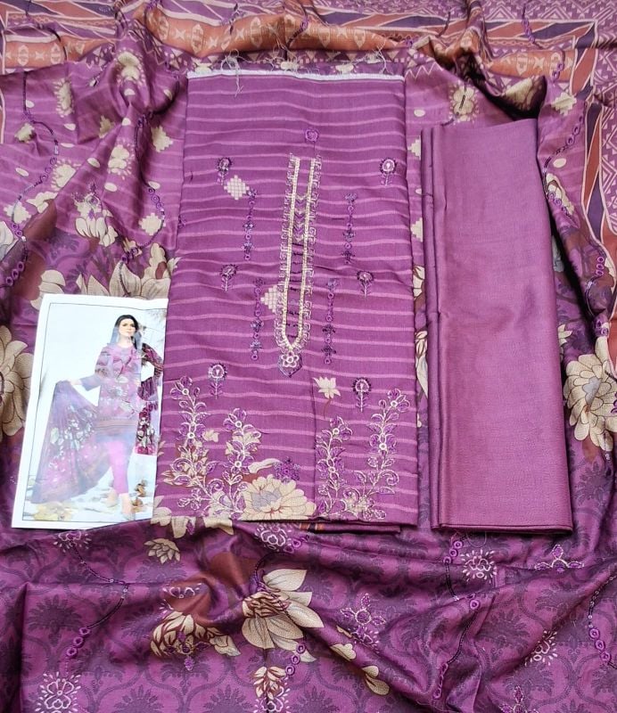 Dhanak Digital Embroidered Winter Collection / 3 Piece Suit - Pink Purple - 3