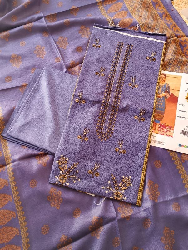 Dhanak Embroidered Winter Collection / 3 Piece Suit - Light Grey / Purple