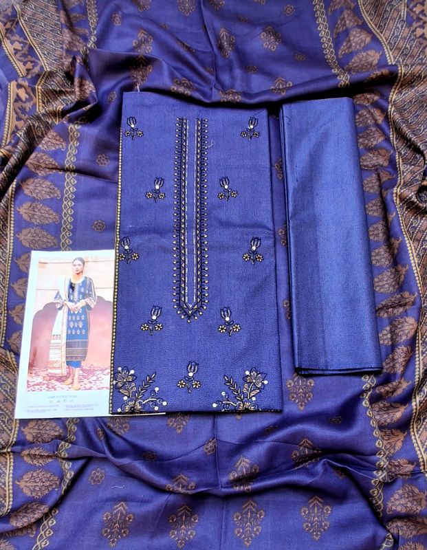 Dhanak Embroidered Winter Collection / 3 Piece Suit - Orignal Blue / Golden