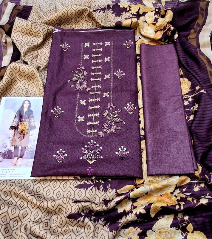 Dhanak Embroidered Winter Collection / 3 Piece Suit - Hex Purple / Golden