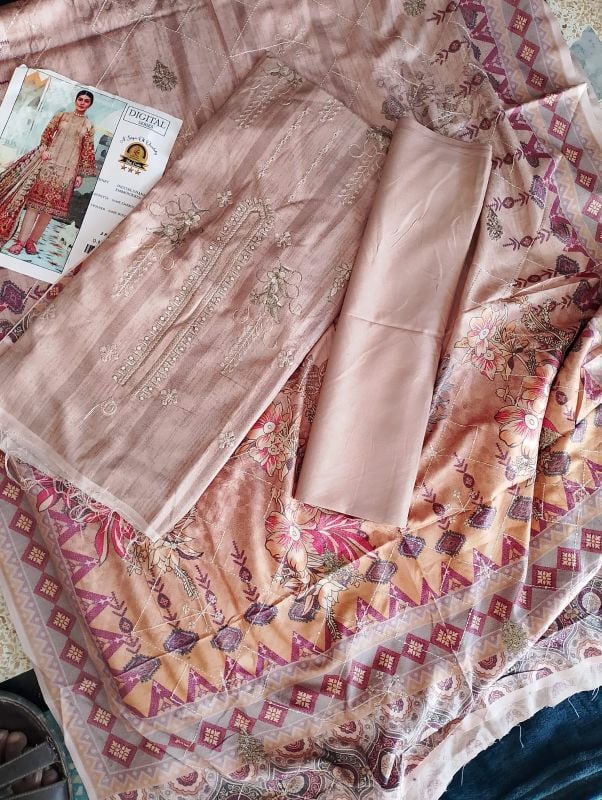 Dhanak Embroidered Winter Collection / 3 Piece Suit - Light Peach / Yellow