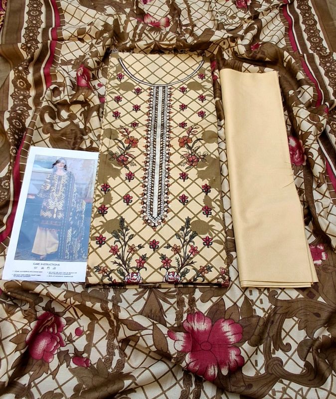 Dhanak Embroidered Winter Collection / 3 Piece Suit - Lemon / Mehndi