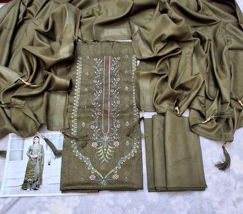 Inmol Chamki Dhanak Winter Collection / 3 Piece Suit- Mehndi / Light Grey Design