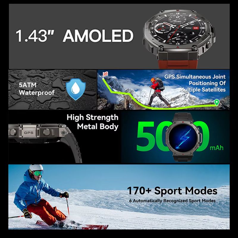 Montre connectée DM58 – GPS intégré | Écran AMOLED 1,43″ | Étanche 5ATM (50 m) | Appels Bluetooth | Altimètre & Boussole | 170+ Modes Sport