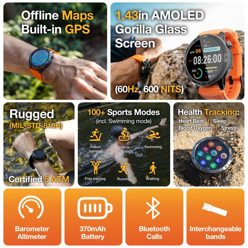 Montre connectée AGM Legion Pro – GPS | Carte hors ligne | Étanche 5ATM | Robuste IP68 | 100+ Modes Sport | Écran AMOLED