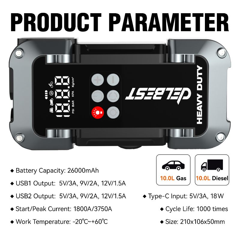 Démarreur Batterie Voiture Q20 – Booster 26 000mAh 1800A (3750A Max) – Jump Starter Portable – Power Bank USB Type-C – Lampe LED SOS – Pour Essence/Diesel jusqu’à 10,0L
