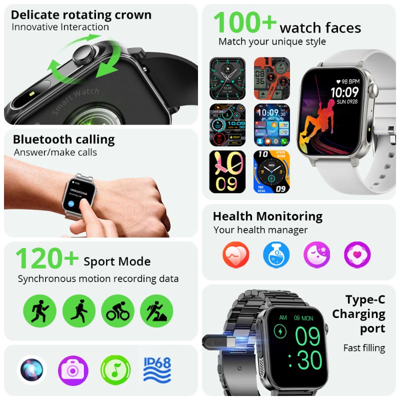 Montre connectée COLMI P80 – Écran 1,83″ | Appels Bluetooth | Tracker de sommeil & santé | Étanchéité IP67 | Autonomie 7 jours | Unisexe | Type -C