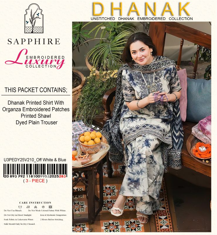 Sapphire Dhanak Embroidered 3pc