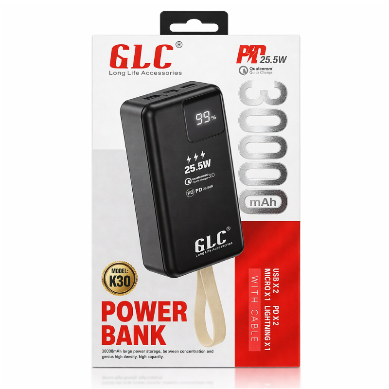 GLC K30 30000mAh Power Bank: 25.5W Fast Charging with Built-in Cables