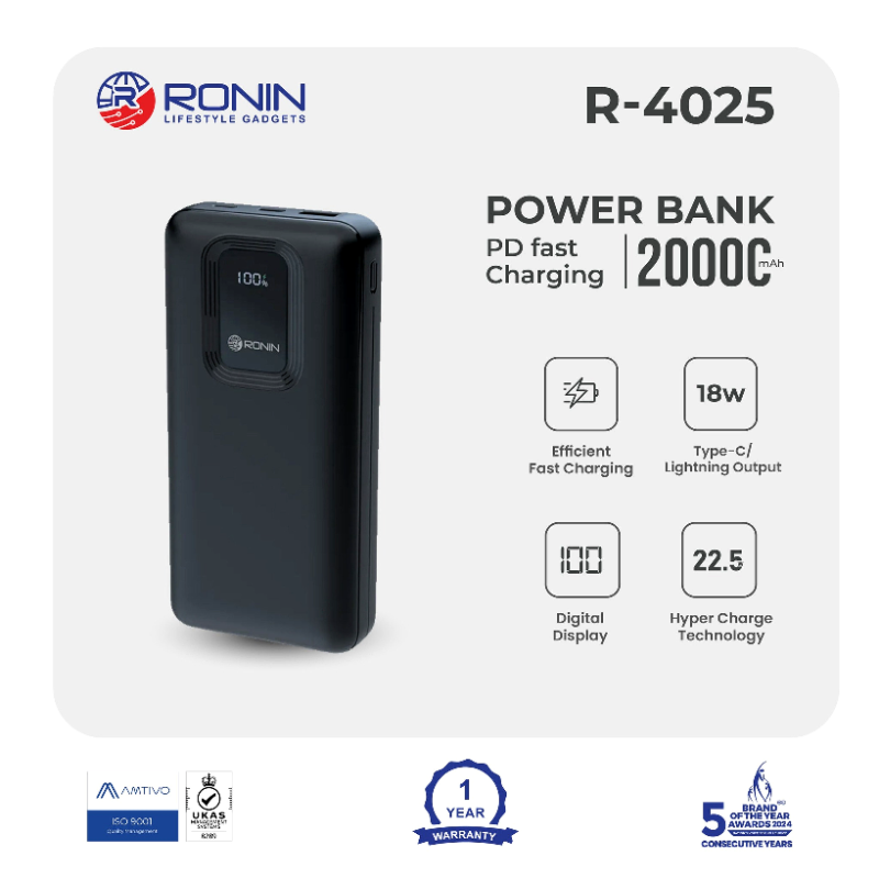 Ronin R-4025 Revive Power Bank: 20000mAh with 22.5W Fast Charging