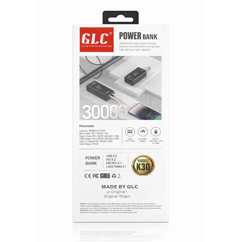 GLC K30 30000mAh Power Bank: 25.5W Fast Charging with Built-in Cables