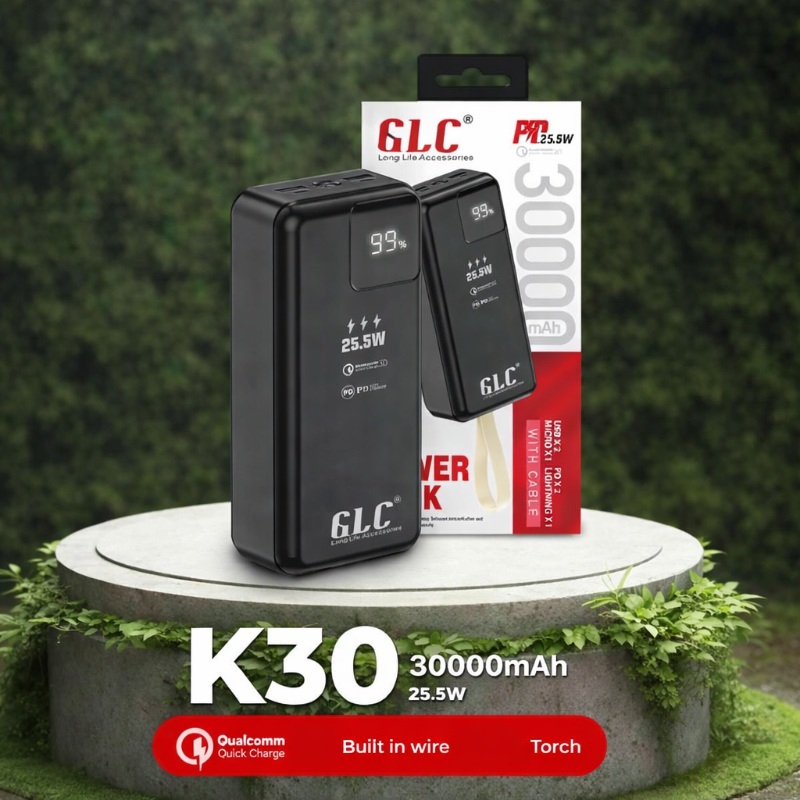 GLC K30 30000mAh Power Bank: 25.5W Fast Charging with Built-in Cables