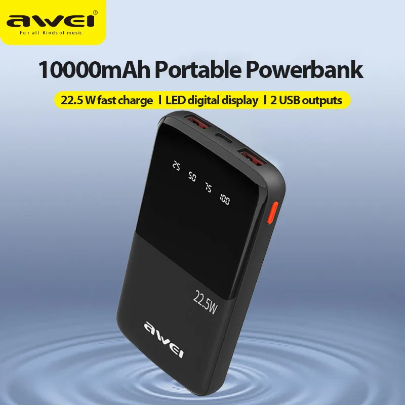 Awei 10000mAh Powerbank – 22.5W Fast Charge, LED Display & Dual USB Output