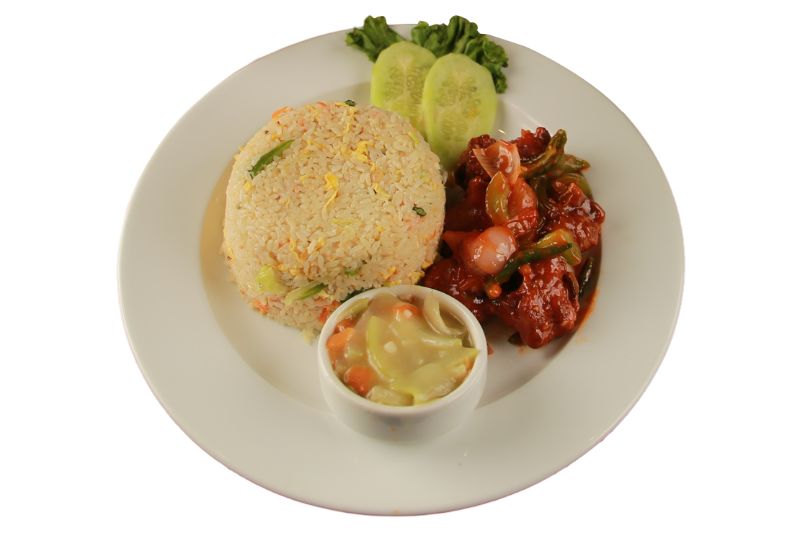 109. Fried Rice + Dry Chilli Chicken + Chinese Vegetables + Salad