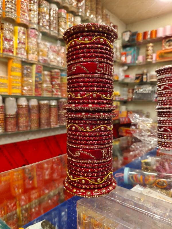 Famous Lahthi – Red Mehroon Name Customized Lac Bridal Chudi Set with Golden AD Stone Work