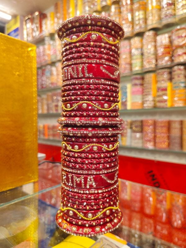 Famous Lahthi – Red Mehroon Name Customized Lac Bridal Chudi Set with Golden AD Stone Work