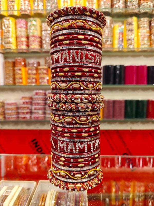 Famous Lahthi – Mehroon Color Name Customized Lac Bangle Set | Bridal Chudi