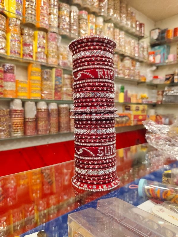 Famous Lahthi – Red Mehroon Name Customized Lac Bridal Chudi Set with White AD Stone Work