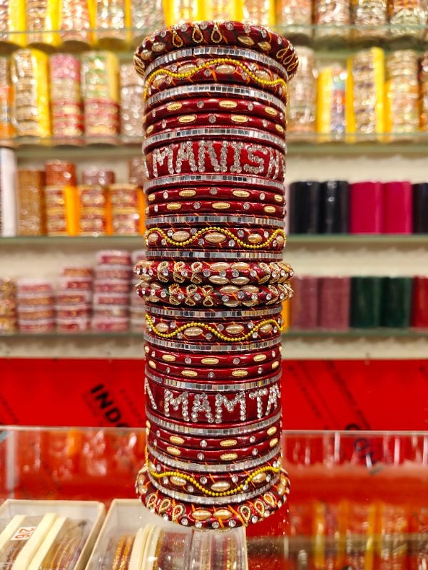 Famous Lahthi – Mehroon Color Name Customized Lac Bangle Set | Bridal Chudi