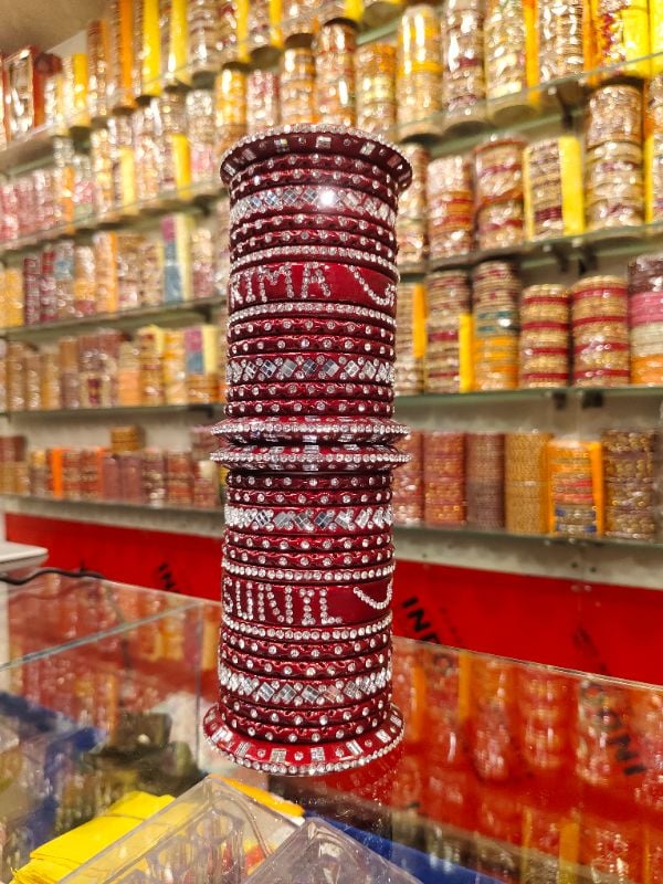 Famous Lahthi – Red Mehroon Name Customized Lac Bridal Chudi Set with White AD Stone Work