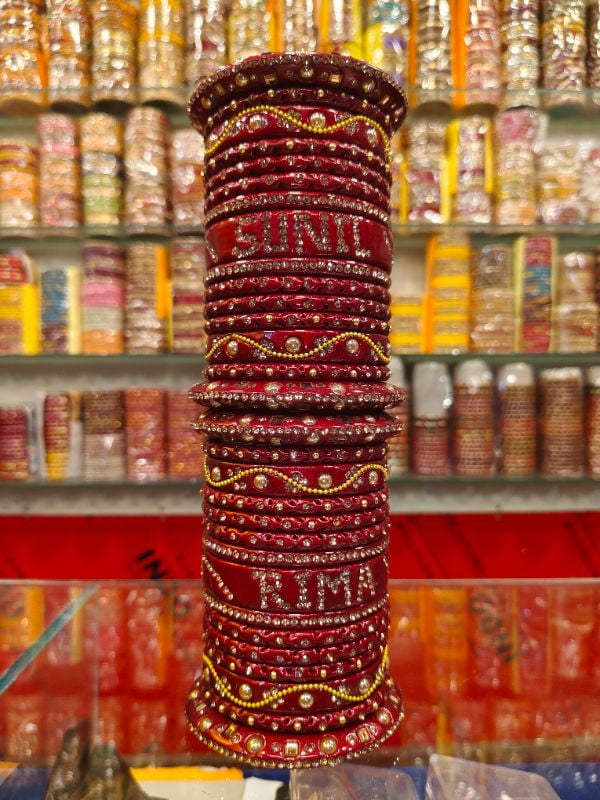 Famous Lahthi – Red Mehroon Name Customized Lac Bridal Chudi Set with Golden AD Stone Work