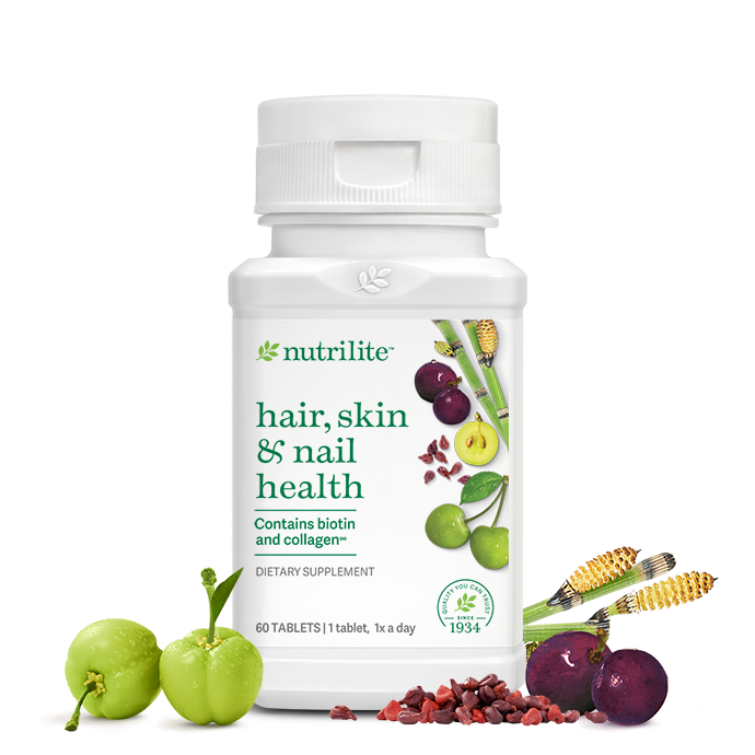 Nutrilite™ Santé des cheveux, de la peau et des ongles: Contient de la biotine et du collagène

Complément alimentaire qui contient des nutriments pour favoriser des ongles forts et souples, des cheveux sains et une peau lisse et élastique. †

La glycine, un acide aminé, agit en conjonction avec le collagène pour favoriser l'hydratation de la peau.
La L-cystéine, un acide aminé, favorise la formation de kératine, une protéine majeure dans les cheveux, la peau et les ongles.
L'extrait d'herbe de prêle, une source naturelle d'acide silicique et de silice, favorise la santé des cheveux et des ongles. †
Comprend de la vitamine C et de l'extrait de pépins de raisin, pour une protection antioxydante contre les radicaux libres. †