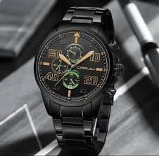 Montre à Quartz Tendance CRRJU 
Etanche, avec calendrier, fond argenté et noir