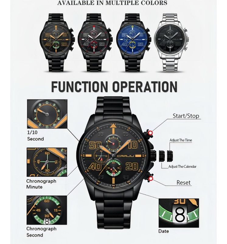 Montre à Quartz Tendance CRRJU 
Etanche, avec calendrier, fond argenté et noir