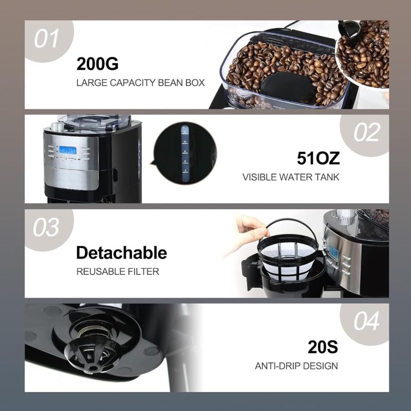 Machine A Café Expresso 2 En 1 
Cafetière à filtre 12 tasses avec moulin à café intégré