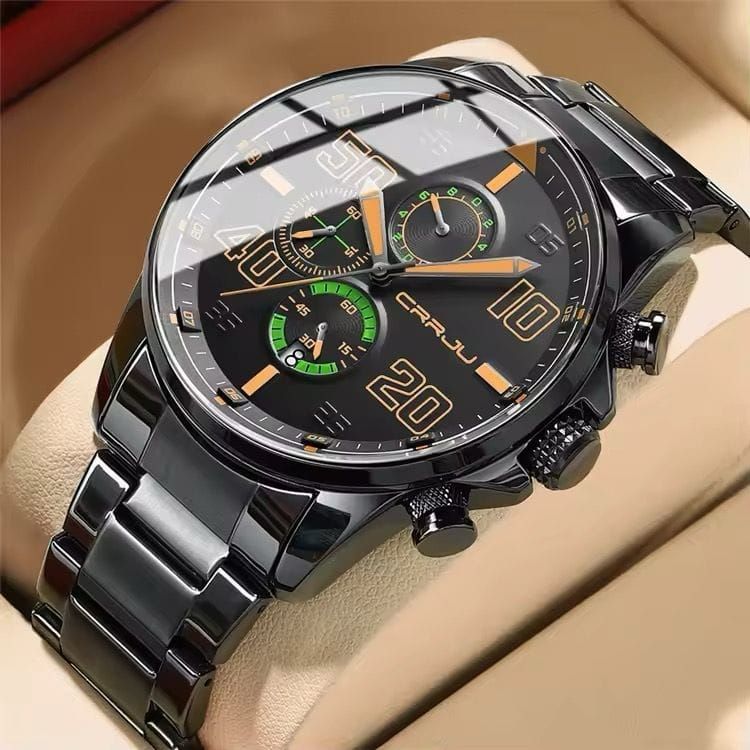 Montre à Quartz Tendance CRRJU 
Etanche, avec calendrier, fond argenté et noir