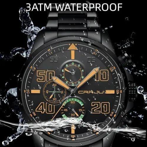 Montre à Quartz Tendance CRRJU 
Etanche, avec calendrier, fond argenté et noir