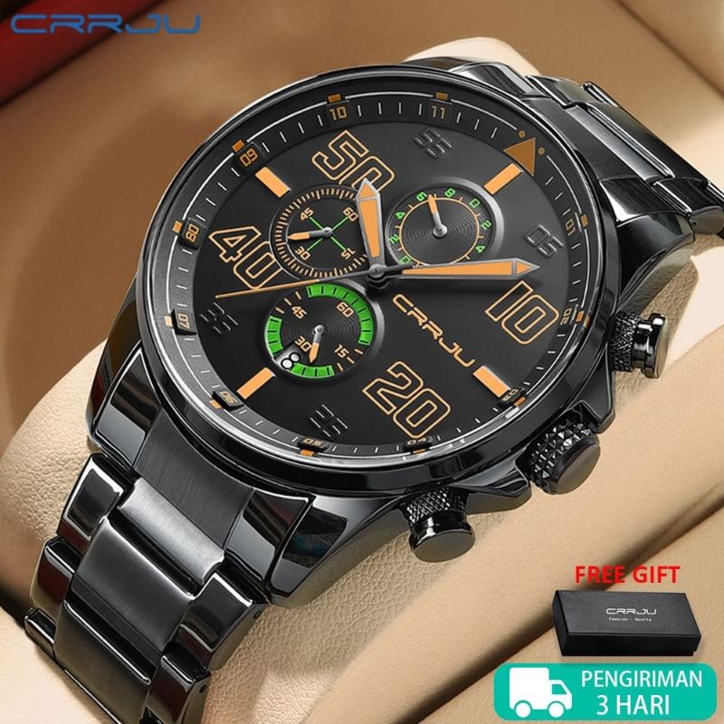 Montre à Quartz Tendance CRRJU 
Etanche, avec calendrier, fond argenté et noir