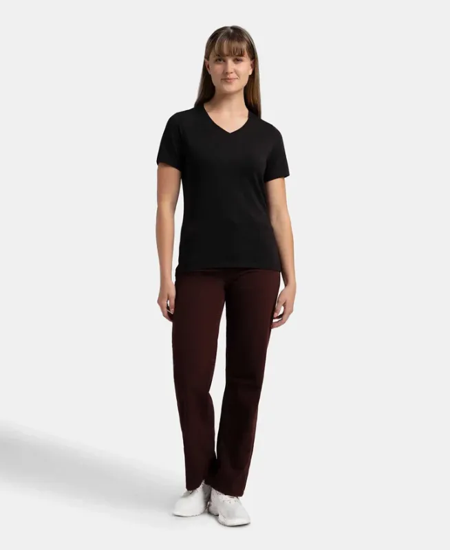 Super Combed Cotton Elastane Stretch Regular Fit Solid V Neck Half Sleeve T-Shirt #1359 Women