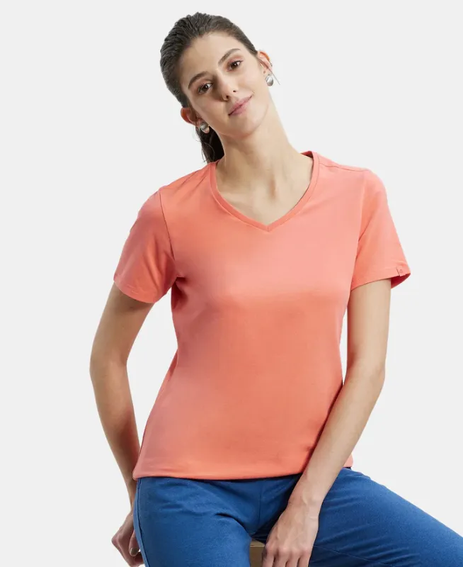 Super Combed Cotton Elastane Stretch Regular Fit Solid V Neck Half Sleeve T-Shirt #1359 Women