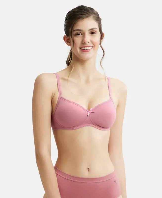 Wirefree Padded Super Combed Cotton Elastane Stretch Medium Coverage T-Shirt Bra with Lace Styling #1723 Women