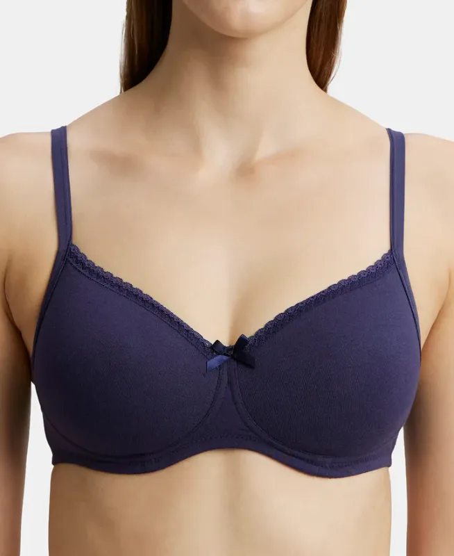 Wirefree Padded Super Combed Cotton Elastane Stretch Medium Coverage T-Shirt Bra with Lace Styling #1723 Women