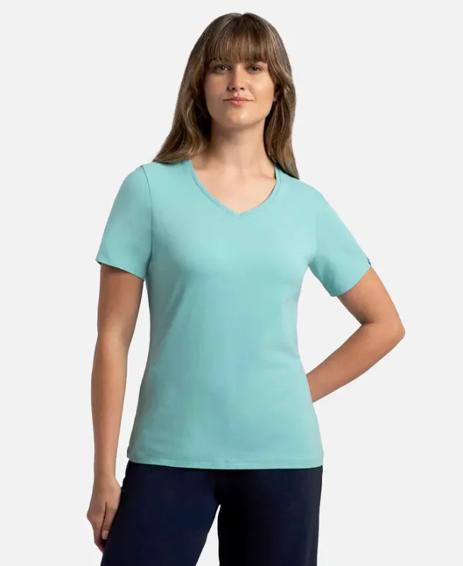 Super Combed Cotton Elastane Stretch Regular Fit Solid V Neck Half Sleeve T-Shirt #1359 Women