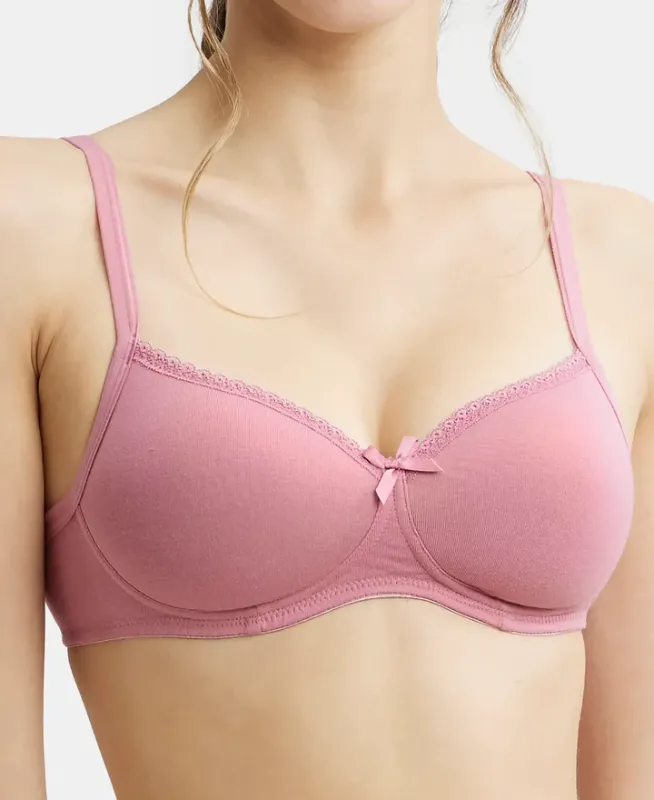Wirefree Padded Super Combed Cotton Elastane Stretch Medium Coverage T-Shirt Bra with Lace Styling #1723 Women