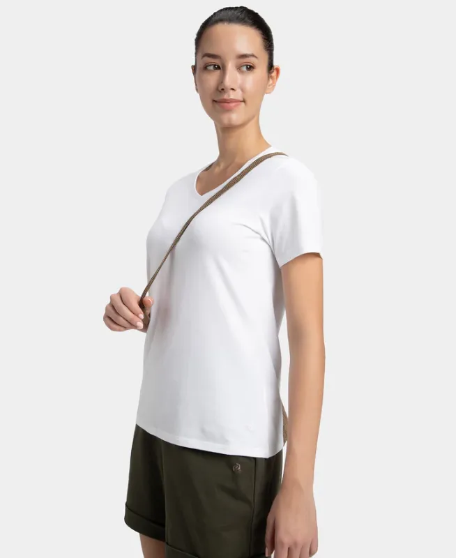 Super Combed Cotton Elastane Stretch Regular Fit Solid V Neck Half Sleeve T-Shirt #1359 Women