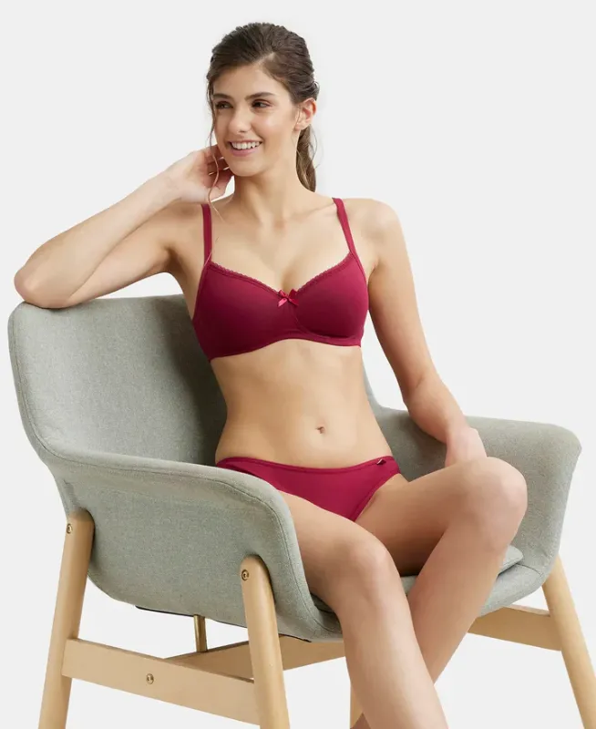 Wirefree Padded Super Combed Cotton Elastane Stretch Medium Coverage T-Shirt Bra with Lace Styling #1723 Women