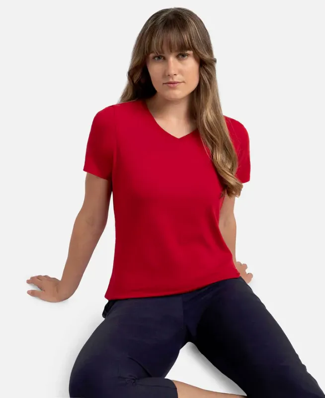 Super Combed Cotton Elastane Stretch Regular Fit Solid V Neck Half Sleeve T-Shirt #1359 Women