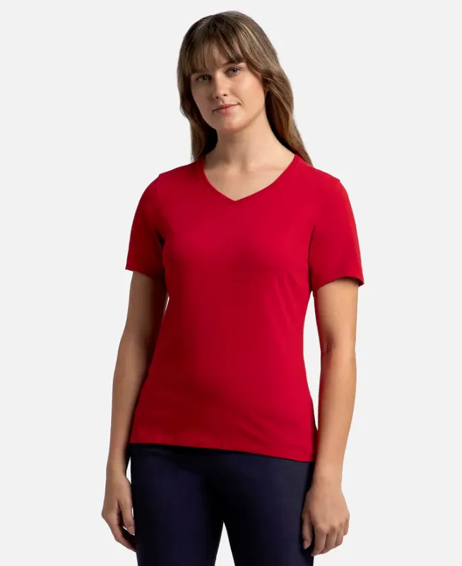 Super Combed Cotton Elastane Stretch Regular Fit Solid V Neck Half Sleeve T-Shirt #1359 Women