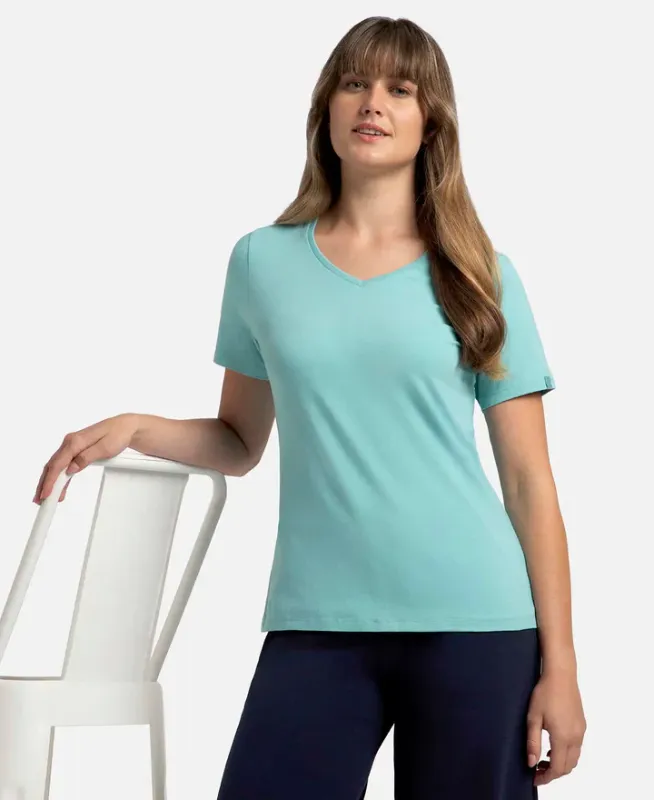 Super Combed Cotton Elastane Stretch Regular Fit Solid V Neck Half Sleeve T-Shirt #1359 Women