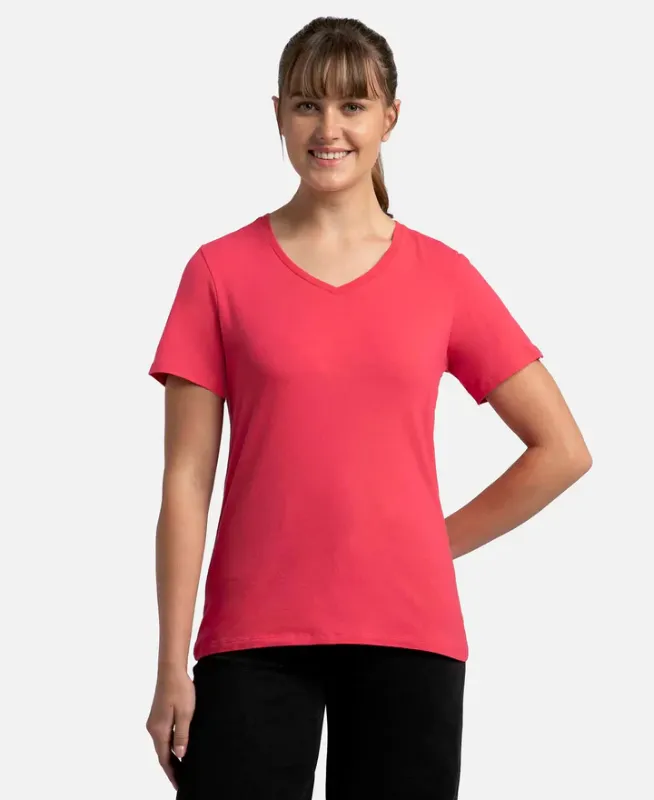 Super Combed Cotton Elastane Stretch Regular Fit Solid V Neck Half Sleeve T-Shirt #1359 Women