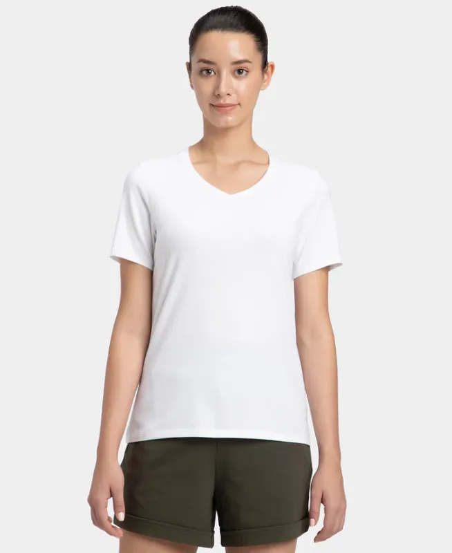 Super Combed Cotton Elastane Stretch Regular Fit Solid V Neck Half Sleeve T-Shirt #1359 Women
