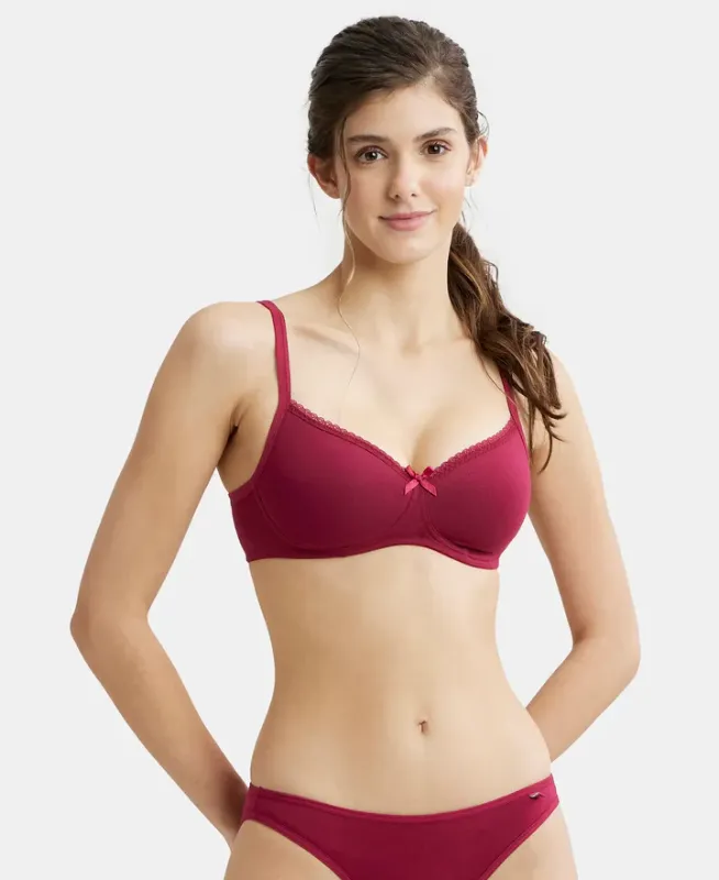 Wirefree Padded Super Combed Cotton Elastane Stretch Medium Coverage T-Shirt Bra with Lace Styling #1723 Women