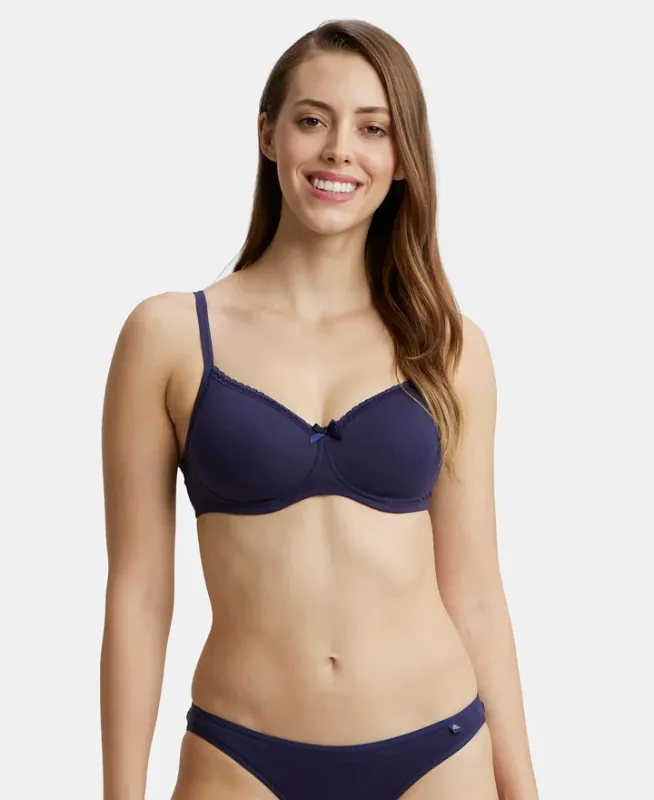Wirefree Padded Super Combed Cotton Elastane Stretch Medium Coverage T-Shirt Bra with Lace Styling #1723 Women