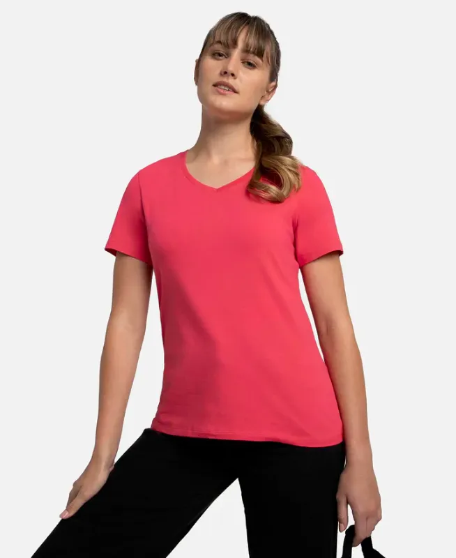 Super Combed Cotton Elastane Stretch Regular Fit Solid V Neck Half Sleeve T-Shirt #1359 Women